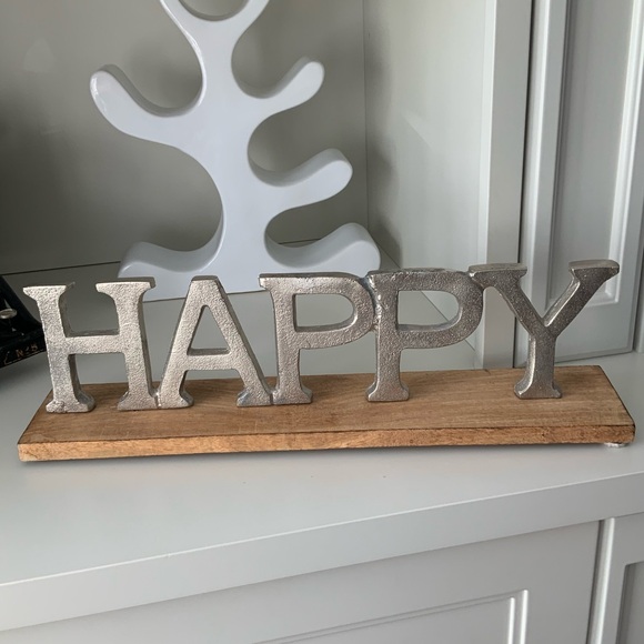 “Happy” Wood Silver Metal Large Decorative Sign Home Decor Made in India EUC 20” - Picture 2 of 9